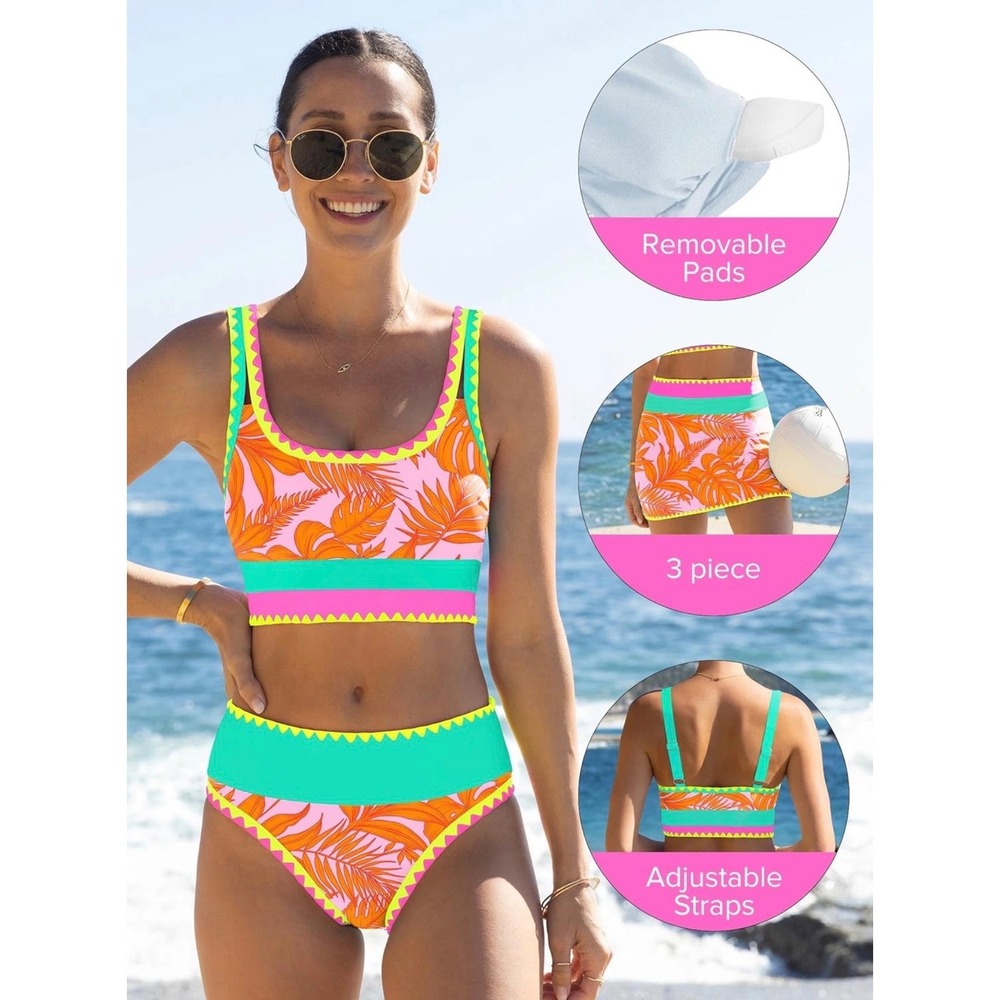 NWT Popvil Neon Orange Tropical 3 Piece Bikini Set High Waist W/ Skirt Medium - Picture 4 of 7